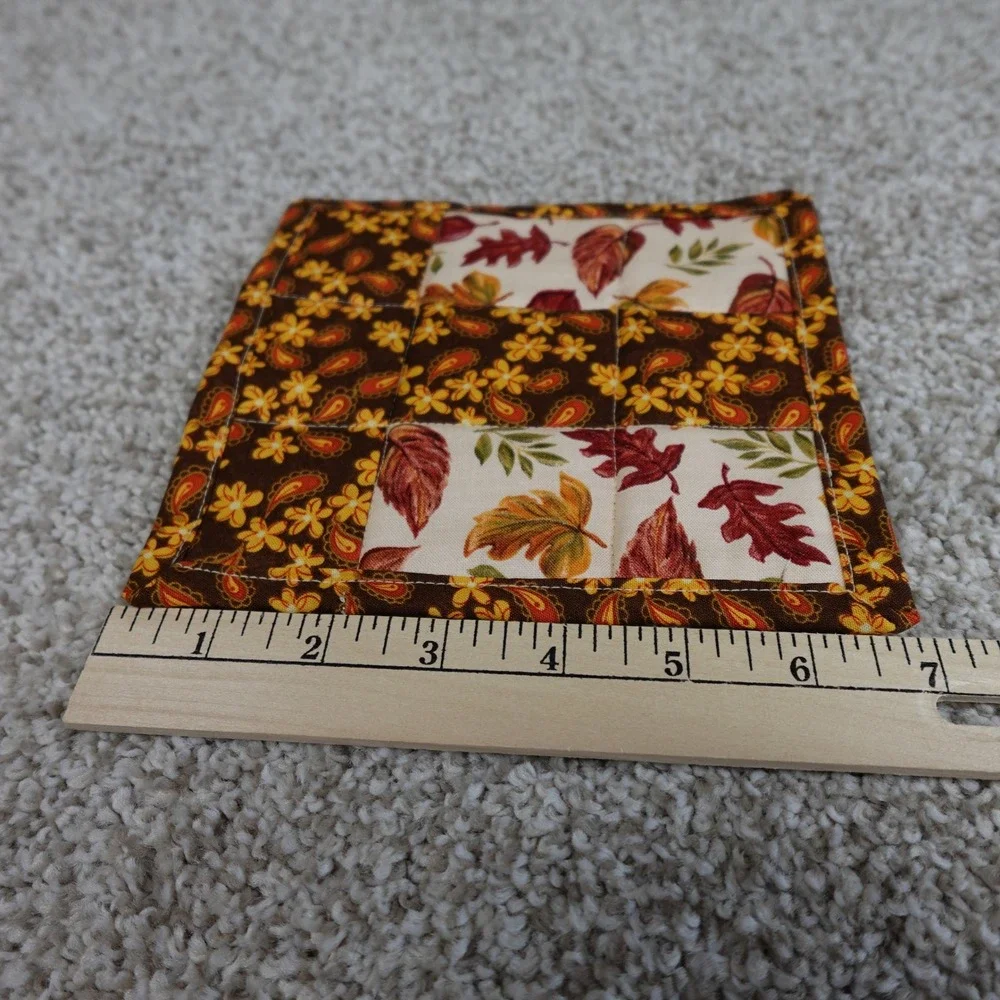 Handmade Quilted Leaf Mug Rugs Set of 2 Brown Fall Floral Cotton Coasters 6x7